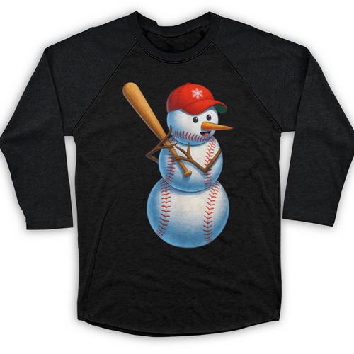 Baseball Snowman Merry Christmas Xmas Pajamas Men Women Kids Baseball Raglan Shirt - Sportilla