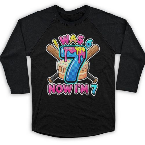 Blue Checkered I Was 6 Now I'm 7 Birthday Cake Baseball Drip Baseball Raglan Shirt - Sportilla