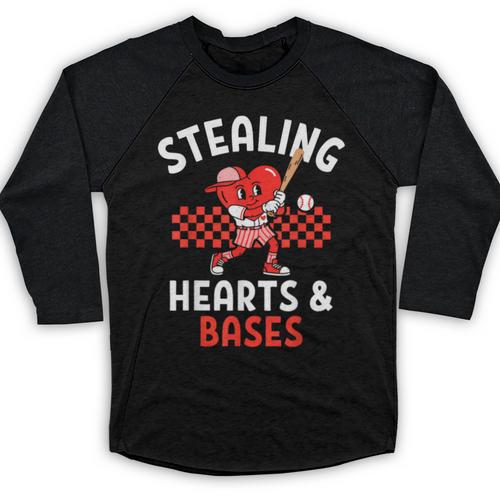 Boys Baseball Valentines Day Stealing Hearts Valentine Kids Baseball Raglan Shirt - Sportilla