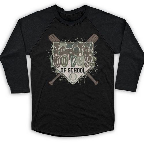Camo 100 Days Of School Baseball Home Plate Drip Boy Kids Baseball Raglan Shirt - Sportilla