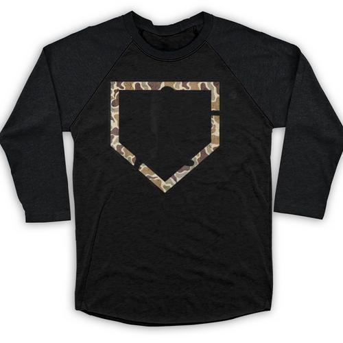 Camo Home Plate Camouflage Baseball Batter Youth Boys Baseball Raglan Shirt - Sportilla