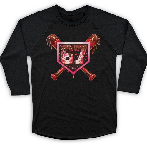 Chocolate 67 Drip Baseball Valentine Love Sports Baseball Raglan Shirt - Sportilla