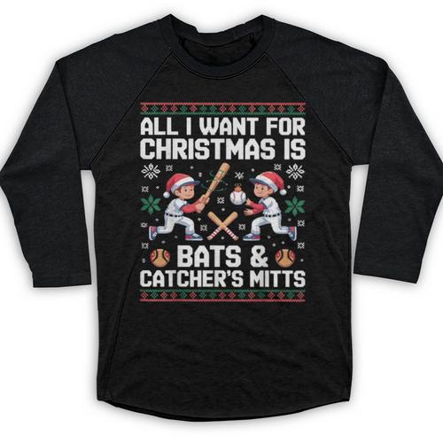 Christmas Baseball Bats Catcher Mitts Holiday Tee Baseball Raglan Shirt - Sportilla