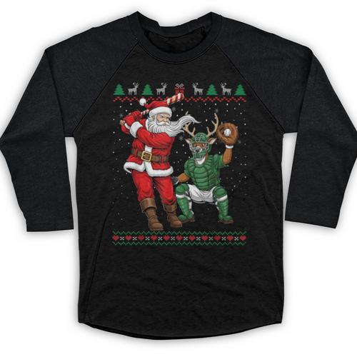 Christmas Santa Baseball Ugly Sweater Baseball Raglan Shirt - Sportilla