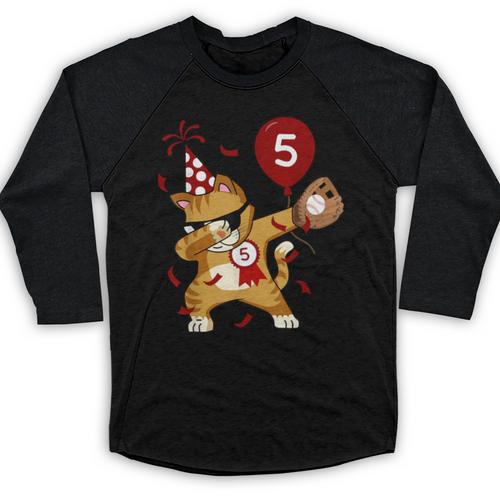Dabbing Cool Cat Baseball 5th Birthday Baseball Raglan Shirt - Sportilla