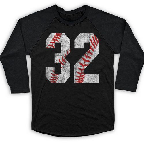 Distressed Baseball Number 32 Jersey Uniform Player Fan Baseball Raglan Shirt - Sportilla
