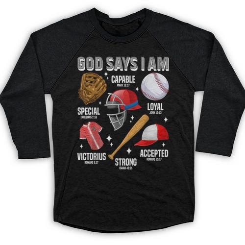God Says I Am Baseball Player Catcher Pitcher Boys Men Baseball Raglan Shirt - Sportilla