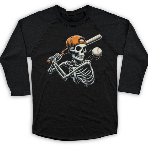 Halloween Boys Batting Skeleton Baseball Baseball Raglan Shirt - Sportilla