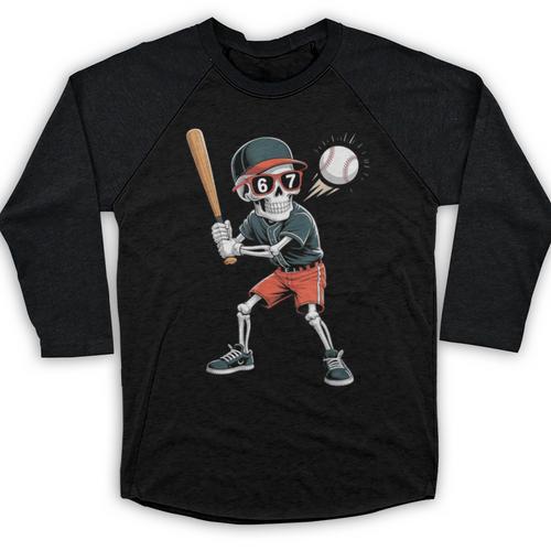 Halloween Skeleton Playing Baseball 67 Six Seven Meme Baseball Raglan Shirt - Sportilla
