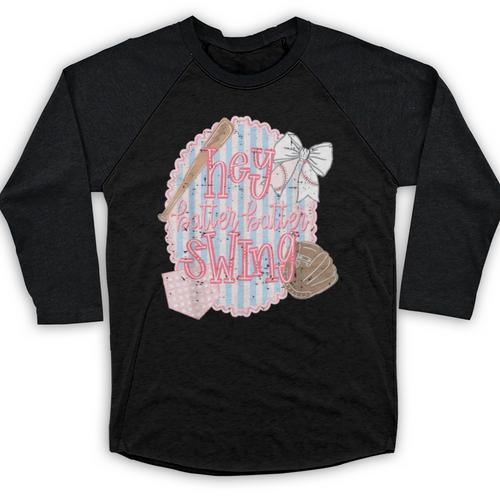 Hey Batter Batter Swing Baseball Game Day Coquette Bow Girly Baseball Raglan Shirt - Sportilla