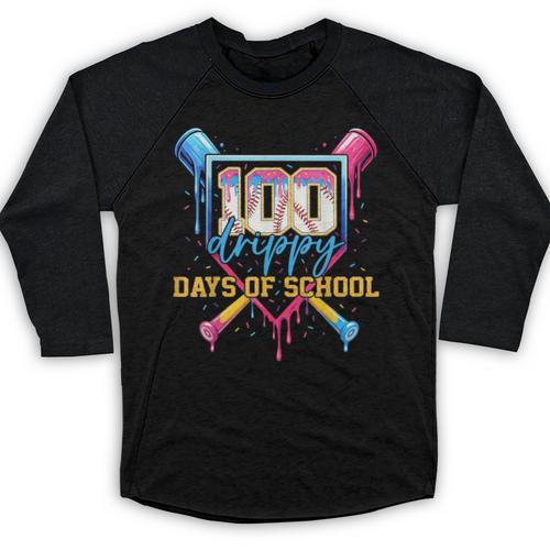 HUGvyn 100 Drippy Days Of School Baseball Ice Cream 100 Days Baseball Raglan Shirt - Sportilla