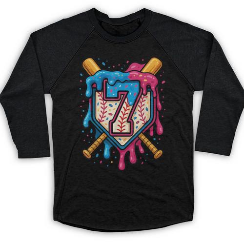 HUGvyn 7th Birthday Baseball Ice Cream Drip Number 7 Kid Boy Baseball Raglan Shirt - Sportilla
