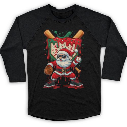 HUGvyn Santa Playing Baseball Ice Cream Drip Christmas Boys Baseball Raglan Shirt - Sportilla