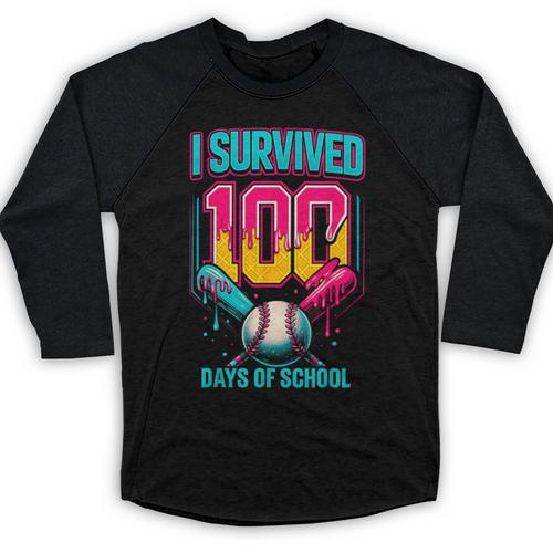 HUGvyn I Survived 100 Days Baseball Teacher Ice Cream Drip Baseball Raglan Shirt - Sportilla