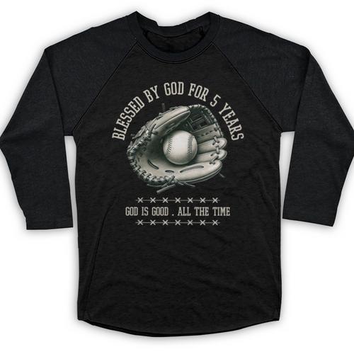 Kids Blessed By God For 5 Years Old Baseball 5th Birthday Baseball Raglan Shirt - Sportilla