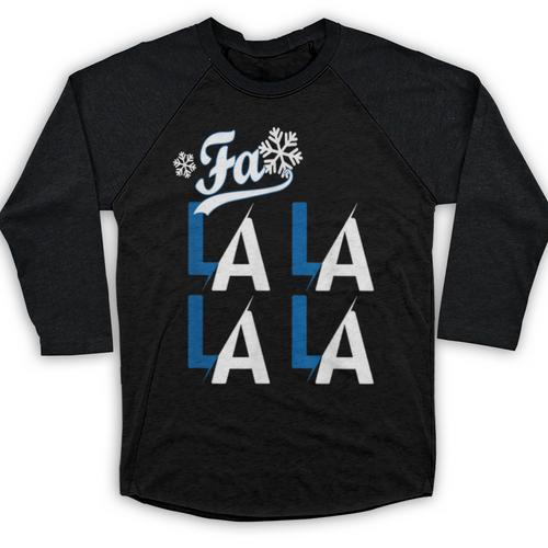 LA Baseball Fan Christmas FA La La Holiday Blue Theme Baseball Raglan Shirt - Sportilla