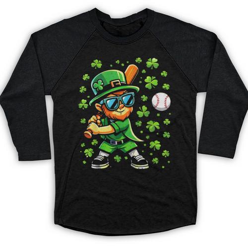 Leprechaun Playing Baseball Happy St Patricks Day Men Boys Baseball Raglan Shirt - Sportilla