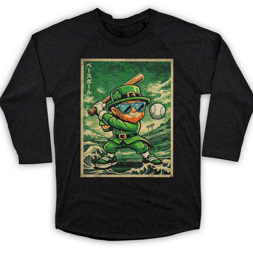 Leprechaun Playing Baseball Japanese Art St Patricks Day Baseball Raglan Shirt - Sportilla