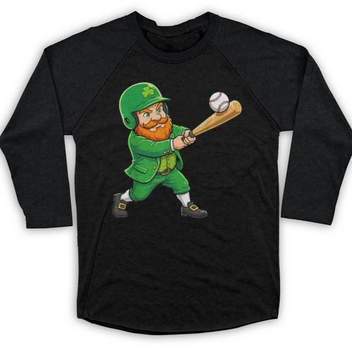 Leprechaun Playing Baseball St Patricks Day Men Boys Kids Baseball Raglan Shirt - Sportilla