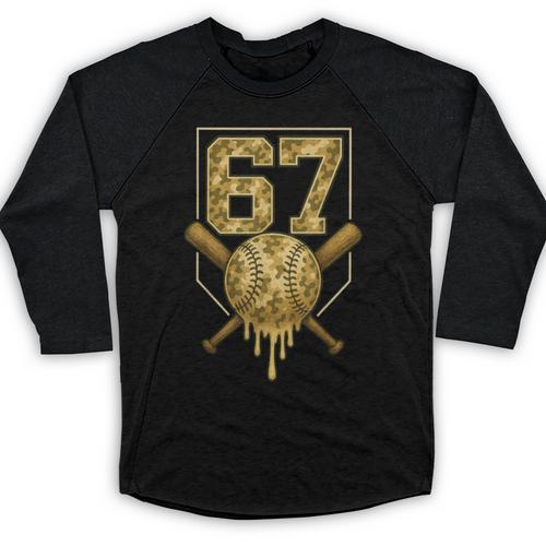 Number 67 Baseball Drip Camo Six Seven Meme Boys Kids Baseball Raglan Shirt - Sportilla