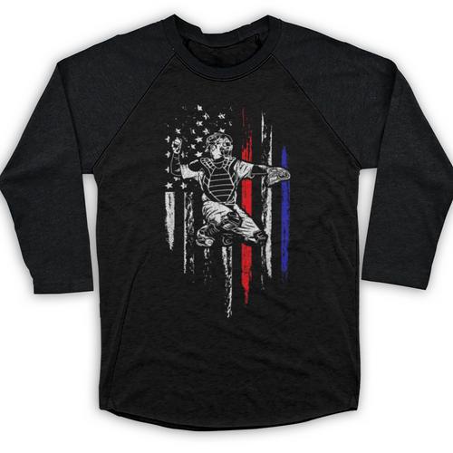 Patriotic Baseball Catcher American Flag Sports Tee Baseball Raglan Shirt - Sportilla