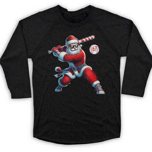 Santa Baseball Six Seven 6 7 Meme Christmas Men Boys Player Baseball Raglan Shirt - Sportilla