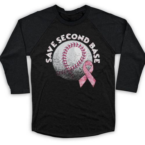 Save 2nd Base Breast Cancer Awareness Pink Ribbon Baseball Baseball Raglan Shirt - Sportilla