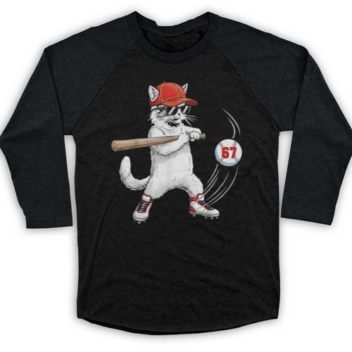 Six Seven 67 Baseball Cat Birthday Men Kids Boys Baseball Raglan Shirt - Sportilla