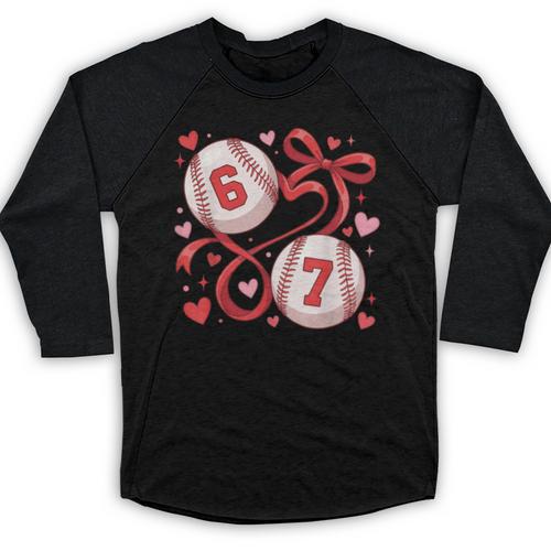 Six Seven Baseball Lover Sports Red Heart Bow Valentine Girl Baseball Raglan Shirt - Sportilla