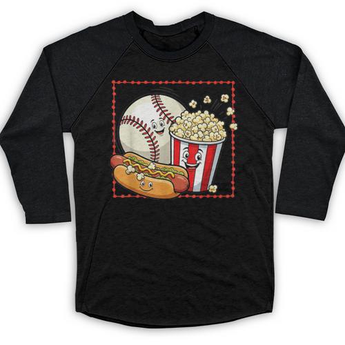 Smiling Baseball Popcorn And Hot-Dog Cartoon Apparel Baseball Raglan Shirt - Sportilla