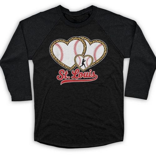 St Louis Leopard Heart Baseball Batter Boys Fan Baseball Raglan Shirt - Sportilla
