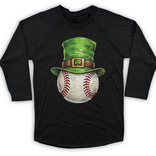 St Patricks Day Baseball Player Leprechaun Hat Men Boys Kids Baseball Raglan Shirt - Sportilla