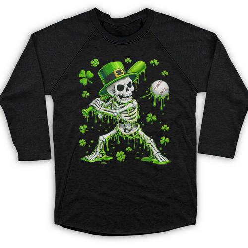 St Patricks Day Baseball Skeleton Irish Leprechaun Hat Boys Baseball Raglan Shirt - Sportilla
