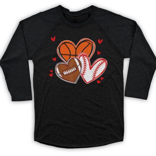 Valentines Baseball Basketball Football Heart Boy Men Baseball Raglan Shirt - Sportilla