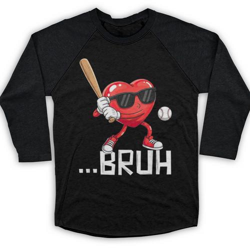 Valentines Bruh Red Heart Playing Baseball Men Boys Kids Baseball Raglan Shirt - Sportilla