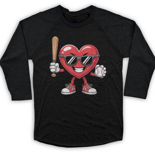 Valentines Day Heart Playing Baseball Boys Men Kids Girls Baseball Raglan Shirt - Sportilla