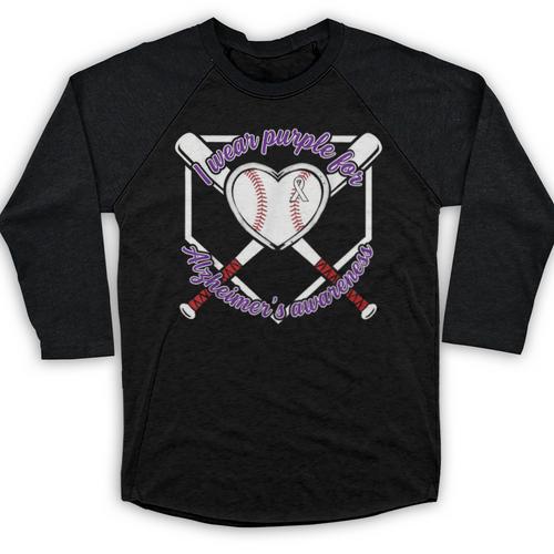 I Wear Purple For Alzheimers Awareness Baseball Heart Ribbon Baseball Raglan Shirt - Sportilla