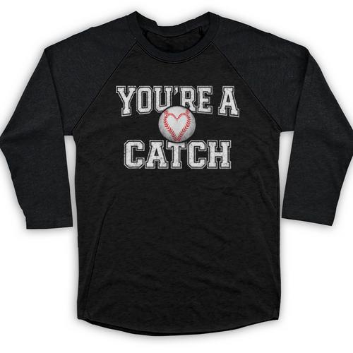 You'Re A Catch Baseball Pun Heart Kids Boys Valentines Baseball Raglan Shirt - Sportilla