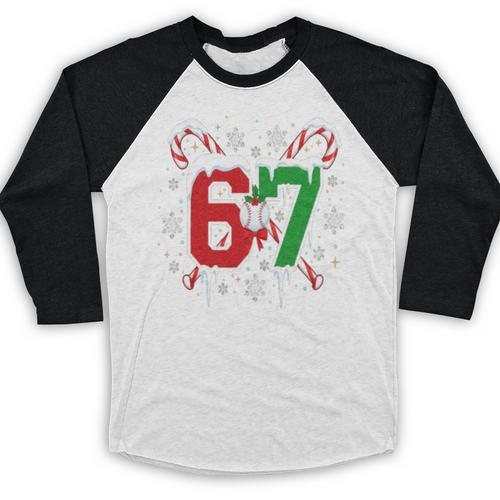 67 Baseball Christmas Candy Cane Snowflake Holiday Sports Baseball Raglan Shirt - Sportilla
