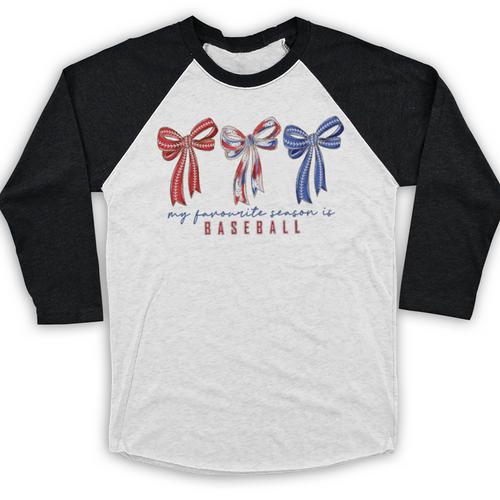 My Favorite Season Is Baseball Coquette Bow Game Day Mom Sis Baseball Raglan Shirt - Sportilla