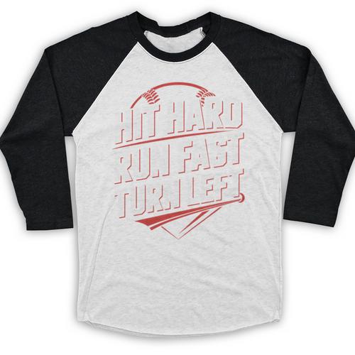 Hit Hard Run Fast Turn Left Baseball Fan Red Graphic Baseball Raglan Shirt - Sportilla