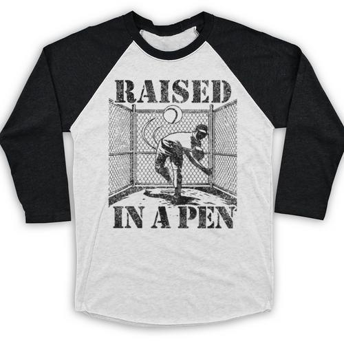 Raised In a Pen Baseball Pitcher Saying Bullpen Baseball Raglan Shirt - Sportilla