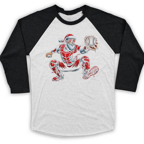 Santa Playing Baseball Catcher Merry Christmas Sport Player Baseball Raglan Shirt - Sportilla