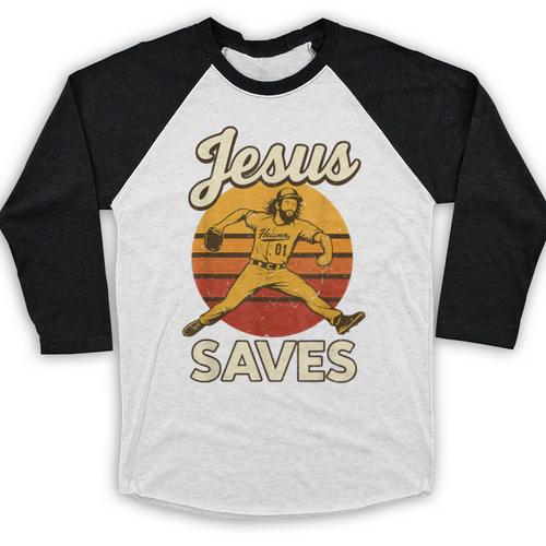 Youth Boy Baseball Jesus Saves Christian Baseball Religious Baseball Raglan Shirt - Sportilla