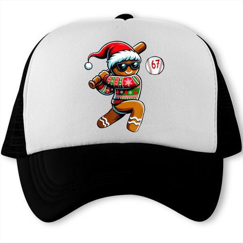 67 Gingerbread Man Playing Baseball Christmas 6 7 Meme Trucker Cap - Sportilla
