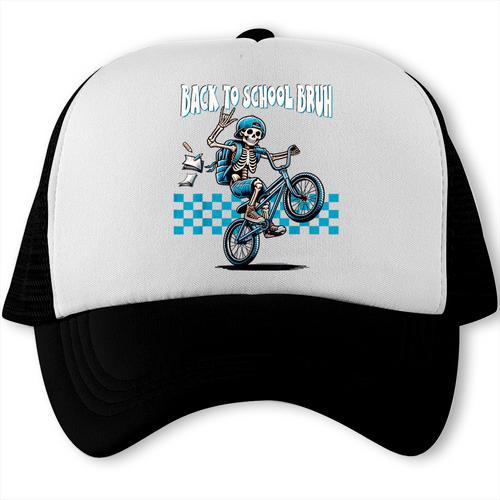 Back To School Bruh Boy Skeleton Riding On a BMX Bike Trucker Cap - Savourry
