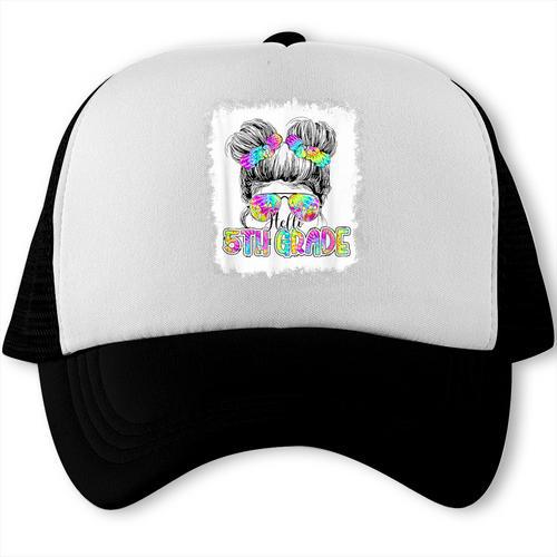 Back To School Hello 5th Grade Cute Messy Bun Tie Dye Girls Trucker Cap - Savourry