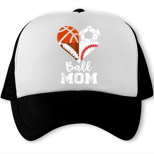 Ball Mom Heart Soccer Basketball Baseball Football Mom Trucker Cap - Sportilla