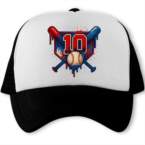 Baseball 10 Year Old Splash Drip 10th Birthday Boy Number 10 Trucker Cap - Sportilla