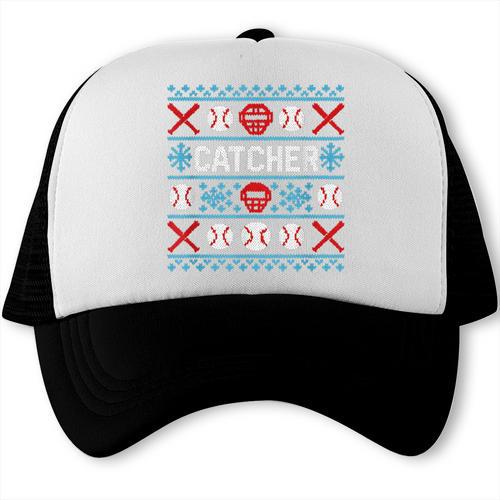 Baseball Catcher Ugly Christmas Sweater Pattern Sports Xmas Trucker Cap - Sportilla